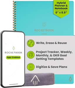 Rocketbook Caderno reutilizável Fusion Smart – com 1 caneta Pilot Frixion e 1 pano de microfibra incluído – capa Neptune Teal, tamanho executivo (15 x 22,5 cm)