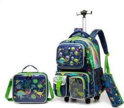 Kit Escolar Infantil com Mochila de Rodinha, Lancheira e Estojo, 3 Peças (Dinossauro Espacial)