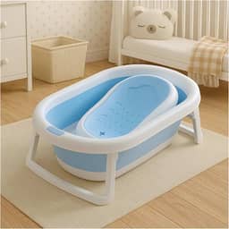 PIPDIP Kit Banheira Portátil Dobrável para bebê, Modelo 2 em 1, Com Encosto, Capacidade de até 44 Litros, Portátil, Plástico e Borracha, Branco e Azul.