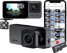 Black Box GP3 - Câmera Veicular, Wifi, Tripla (Frontal + Interna + Traseira), FULL HD, Visão Noturna + Cartão 32GB (Dashcam Automotiva Carro Uber)