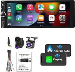 FINYQBET Rádio Automotivo Multimidia 1 Din com CarPlay, Android Auto, Bluetooth, Câmera de Ré e Controle de Voz, Tela Sensível ao Toque de 6.9 Polegadas - Ideal para Caminhões e Carros