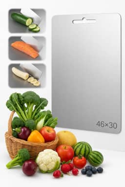 Tábua de Corte de Titânio para Cozinha Aço Inoxidável e PP, Superfície Higiênica para Carnes, Frutas e Vegetais, Afiador Integrado, Canaletas Antirrespingo, Base Antiderrapante Tábua Inox de Cortar