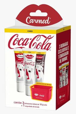 Kit Hidratante Labial Carmed Coca-Cola Cor Vermelho, Incolor e Marrom 10g Cada + Engradado