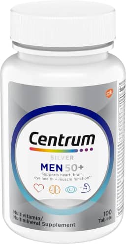 Centrum Multivitamínico prata para homens 50 Plus, suplemento multimineral, vitamina D3, vitaminas B e zinco, sem glúten, ingredientes não OGM, auxilia na memória e cognição em adultos mais velhos -