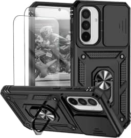 Capa para Samsung Galaxy A56 e A36 Capinha | com 2 peças de protetor de tela temperado com janela deslizante da câmera e suporte para telefone incluídos - Preto