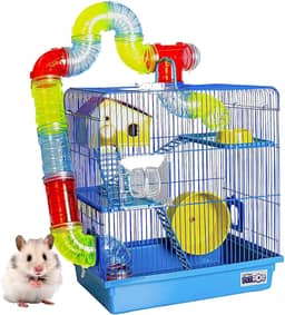 Gaiola Hamster Com Casa Completa 3 Andares Tubo Luxo Premium Grande Acessórios (Azul)
