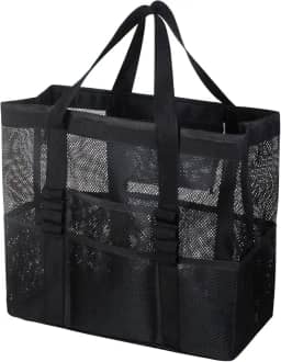 Bolsa de praia grande de malha – Bolsa de praia leve com 9 bolsos, bolsa de praia para mulheres, homens, itens essenciais para a família