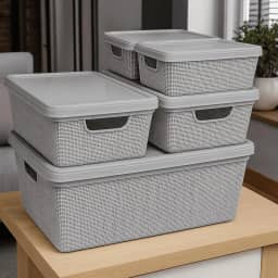 Caixa Organizadora com Tampa Kit 5 Peças Cesto Grande em Plástico 1,8 L 5 L 15 L - Rv-Ecommerce (Cinza)