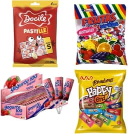 Kit 4 Guloseimas Bombom Pirulito Mastigável Pastilha e Bala Festa Infantil