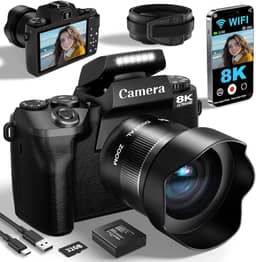 Câmeras digitais 8K para fotografia, câmera profissional com foco automático WiFi de 64 MP com lente dupla, tela sensível ao toque de 4 polegadas, zoom digital de 16x, baterias de 3000 mAh, cartão de