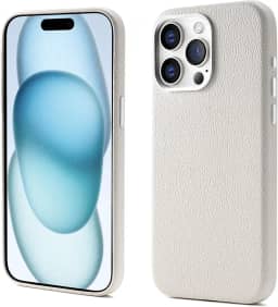 Capinha Premium de Couro Anti Impacto – Compatível com Modelos de iPhone (Carregamento Sem Fio Magnético)，À Prova d’Água e Poeira, Botões de Metal e Proteção da Câmera (Bege, iPhone 14)