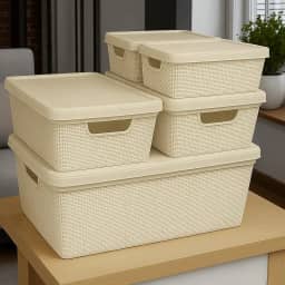 Caixa Organizadora com Tampa Kit 5 Peças Cesto Grande em Plástico 1,8 L 5 L 15 L - Rv-Ecommerce (Bege)