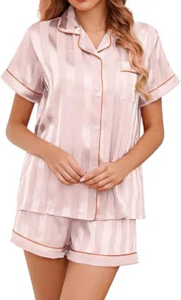 Pijama de cetim de seda para mulheres, conjunto de pijama de seda abotoado, gola notch, conjunto de pijama de cetim - 2 peças de pijama de cetim