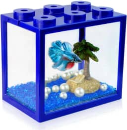 Tsxurepaw Aquário Pequeno Para Peixes Betta, Kit De Mini Empilhável Com Decoração Cascalho E Pérolas, Tigela 3/5 Galões, Cubo Minúsculo Bolas Algas Marinhas, Macacos Marinhos, Azul