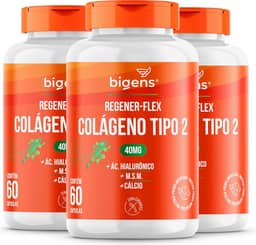 Regener Flex, Colágeno tipo 2 40mg, ácido hialurônico, M.S.M, Cálcio, Bigens, Kit 3x 60 cápsulas