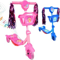 Patinete Infantil 3 Rodas com Luzes Led e Cesta Emite Som Musical Altura Regulável e Freio Traseiro (Rosa)