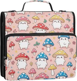 Fichários de 3 anéis, 3 anéis, fofos, cogumelos, organizador de fichário para ensino médio com alça colorida, vários bolsos, pasta grande, 34,5 x 31,5 x 9 cm