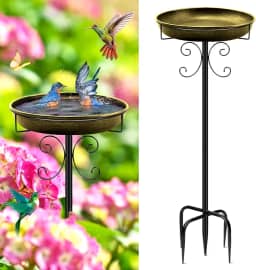 Daoeny Banheira de metal para pássaros de 88 cm para uso externo, tigela de banho de pássaros vintage, bebedouro removível para pássaros e alimentador de pássaros com 5 pinos de estaca base, banhos de