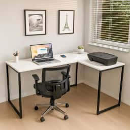 Mesa Escritório Escrivaninha Industrial em L de canto, 130x100, 100% MDF Premium Branco com Base em Aço