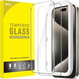 JETech Película de Vidro Temperado para iPhone 15 Pro Max 6,7 Polegadas, Protetor de Tela com Ferramenta, Compatível com Capa, HD Claro, Pacote de 2 Unidades
