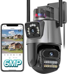 Câmera de Segurança Wi-Fi Externa 4K com Dupla Lente e Tela Dividida, Visão Noturna Infravermelha, Sirene, Luz de Alerta, IP66 à Prova d’Água e Poeira – Vigilância 24h para Ambientes Externos