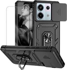 Capa para Xiaomi Poco X6 e Redmi Note 13 Pro 5G Capinha | com 2 peças de protetor de tela temperado com janela deslizante da câmera e suporte para telefone incluídos - Preto