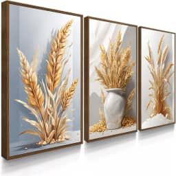 Kit 3 Quadro Decorativo Trigo Branco Dourado Prosperidade Fartura