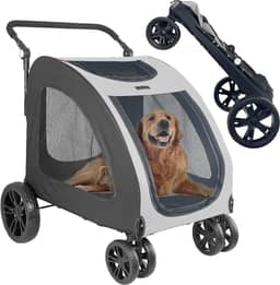 Carrinho de passeio dobrável para cães grandes de até 50 kg, carrinho universal para cães únicos ou vários cães médios e grandes (cinza)