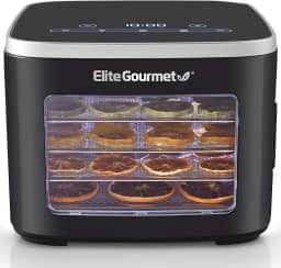 Elite Gourmet EFD809D Desidratador de alimentos com 5 bandejas de aço inoxidável, temperatura ajustável e tempo manter o calor, inclui luz interior, bandeja de rolos de frutas e folheto de