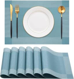 Jogo Americano 6 Peças, 30cm x 45cm Retangular, Antiderrapante, Resistente ao Calor, Lavável, Fácil de Limpar, Alta Durabilidade, PVC Mesa Posta Sousplat (Azul)