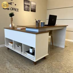 Escrivaninha em L Retrô para Home Office ou Escritório 2 Gavetas - Gold Artany