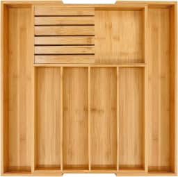 Porta talheres de bambu – Organizador de gaveta para utensílios e talheres, ajustável, até 7 divisórias, porta facas removível - Porta Talher para Cozinha