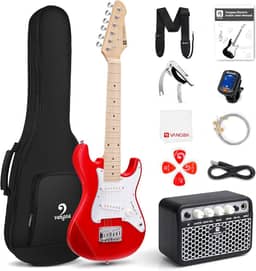 Guitarra elétrica infantil Vangoa 76 cm para iniciantes kit para jovens jogadores com amplificador, bolsa, alça, cordas extras, capo, afinador, palhetas, cabo (vermelho)