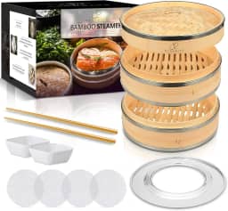 Conjunto de Cesta de Vapor de Bambu Cozinha Chinesa Cesta de Vapor de Vegetais de 10' e 2 Camadas para Cozinhar com Pauzinhos, Pratos de Molho e Forros Reutilizáveis - Cestas de Vapor de B