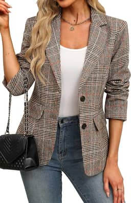 ELLEVEN Blazer feminino com gola de lapela xadrez com 2 botões para namorado, jaqueta blazer Houndstooth para trabalho e escritório