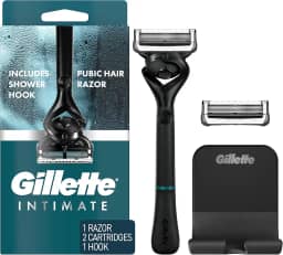 Gillette Navalha íntima para homens, barbeadores pubianos masculinos para paisagem, suave e fácil de usar, projetado para pelos pubianos, 1 alça, 2 refis de lâmina