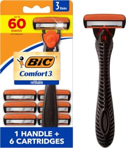 BIC Comfort 3 barbeador descartável de três lâminas recarregável para homens, lâmina de pele sensível para um barbear confortável, 1 alça e 6 cartuchos, conjunto de 7 peças