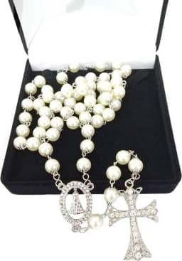 Terço De Noiva Prata Perolas Creme Tamanho Médio