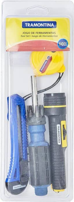 Tramontina 43408123, Kit Ferramentas 10 Peças, com 1 Trena Estilete Lanterna Chave com Adaptador 6 Ponteiras