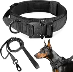 Coleira e guia táticas para cães, coleira de nylon para treinamento ajustável com alça de controle para cães de médio e grande porte para treinamento diário e caminhadas（M/Preto/Com Guia）