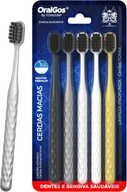 ELEGANCE Escova de Dente Adulto, 5 Unidades, Cerdas de Carvão Ativo, Ultra Macia, Para Gengivas Sensíveis, Multi-Cores, Prática para Viagem e Uso Familiar