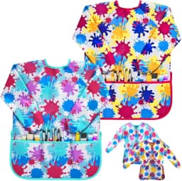 J MARK Avental infantil impermeável para pintura, 2 unidades, manga comprida e 2 bolsos para assar, comer, artes e artesanato