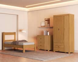 Jogo de Quarto Bela com Roupeiro, Cômoda e Cama Solteiro. (Nature)