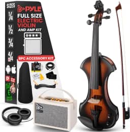 Pyle Violino elétrico silencioso 4/4 com kit de amplificador - violino de madeira maciça com amplificador de 10 W e acessórios completos, instrumento de corda orquestral de tamanho completo para uso