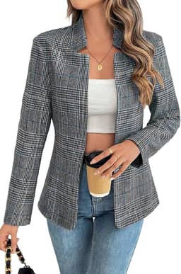 ELLEVEN Blazer feminino xadrez aberto na frente com gola alta para trabalho casual