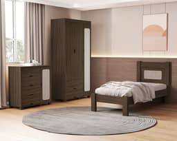 Quarto Completo Solteiro Clara Com Cômoda Roupeiro e Cama. (Chocolete)