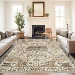 Roxstand Tapete 5x7, resistente a manchas, lavável à máquina, tapetes com suporte antiderrapante, tapetes boho persas vintage para quarto, sala de estar, tapete grande macio de pelo baixo (bege/marrom, 1,52 m x 18,7 m)