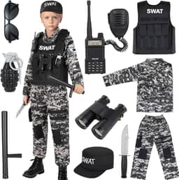 Fantasia policial SWAT para crianças, conjunto camuflado de fantasia de polícia, fantasias de Halloween com colete, binóculos para meninos de 3 a 12 anos