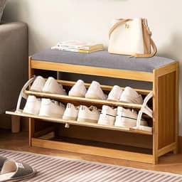 Banco Sapateira em Bambu, 70 * 24 * 44 cm, Armário para Sapatos com Tampa Tipo aba, Almofada Acolchoada para Assento, com Capacidade para Suportar Até 90 kg, Adequada para Guardar Chinelos e Sapatos