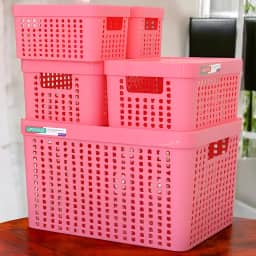 Kit 5 Caixas Organizadoras com Tampa Plástico Resistente Multiuso Armário Cozinha Lavanderia (ROSA)